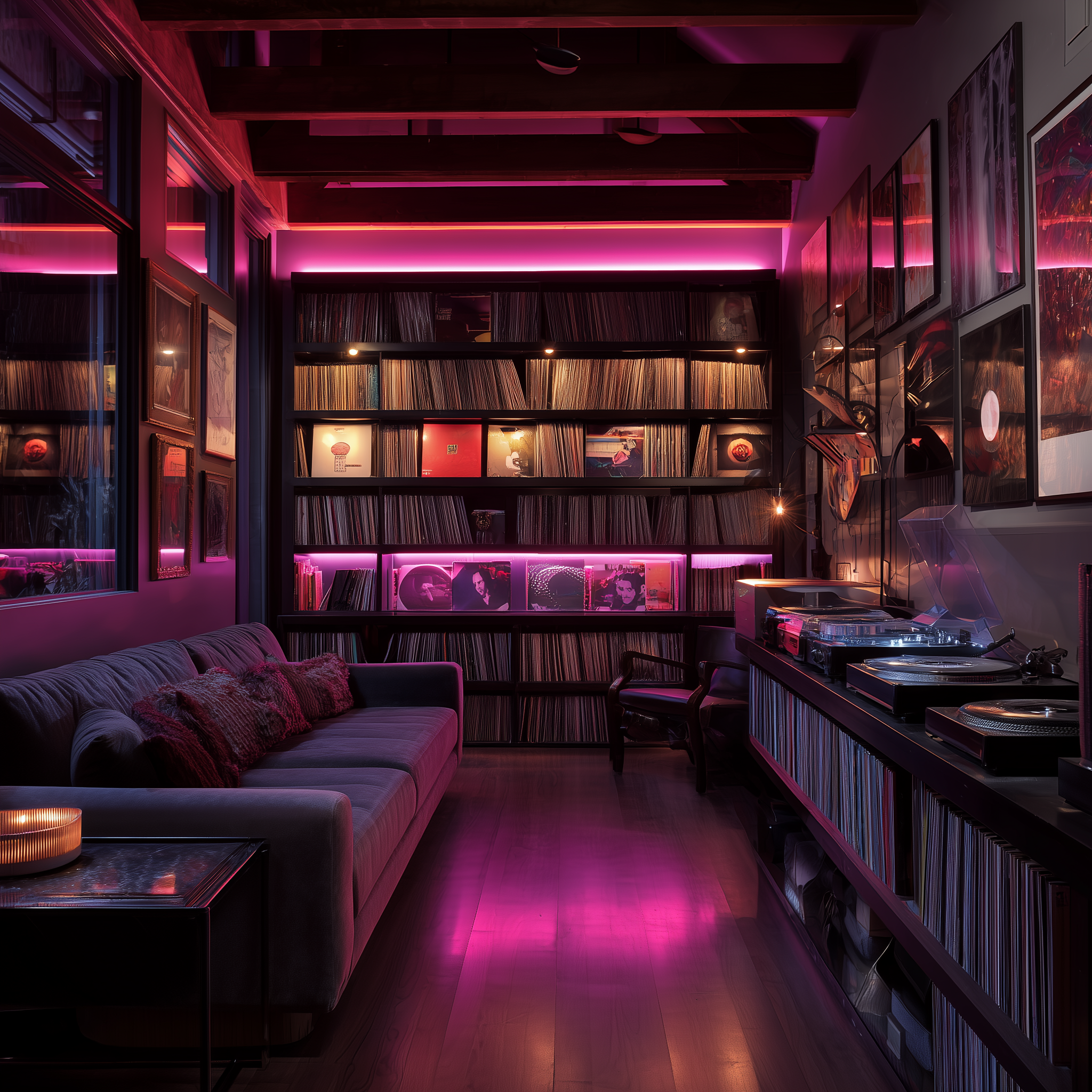 modern vinyl record room with soft moody lighting, low velvet sofa, sleek record crates filled with 2000s R&B