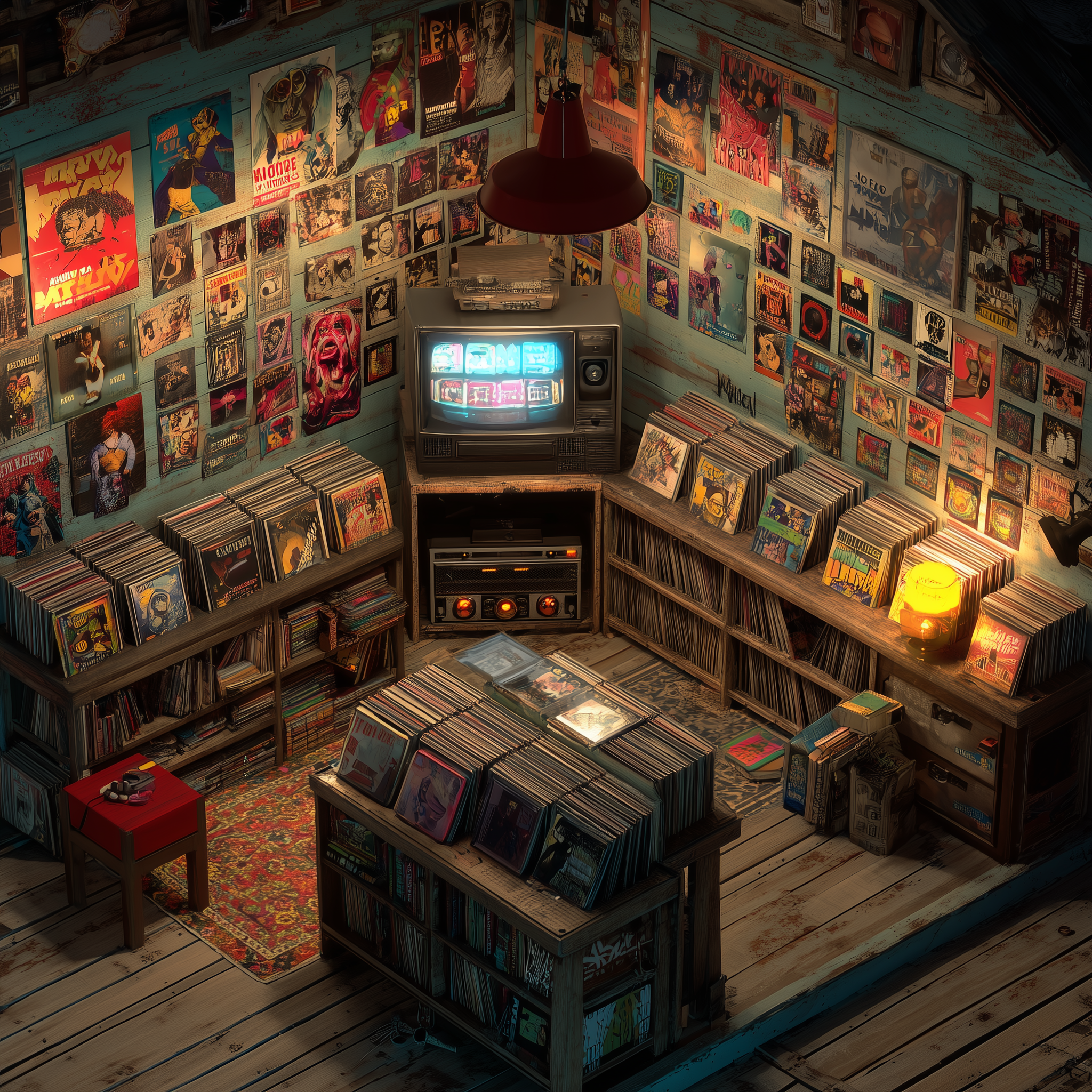 Realistic 1990s record room featuring vinyl, CDs, cassettes, and posters from all genres of 90s music — from hip hop and grunge to rave and pop, with retro decor and warm nostalgic vibes.